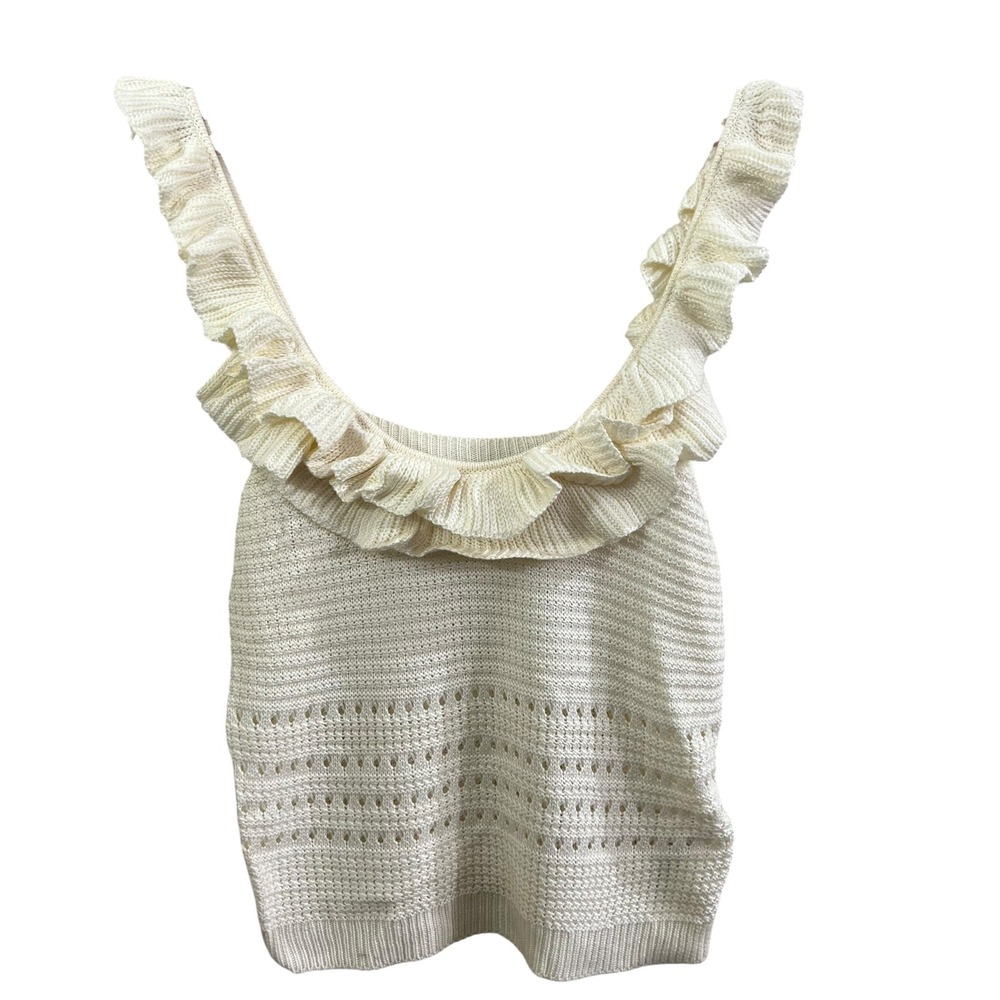 7 For All Mankind Ruffle Pointelle Knit Tank Top Cream Large Women